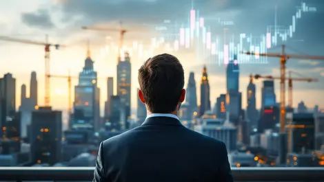 Business leader thinking city skyline construction cranes financial charts investment delays trade uncertainties