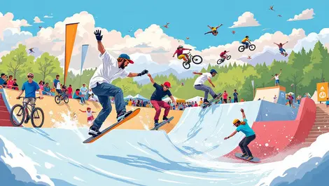 Diverse athletes action sports skateboarding bmx snowboarding outdoor event