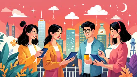 Diverse singaporean small business owners digital devices cloud tech icons modern cityscape