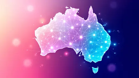 Interconnected data nodes network map over australia higher education vocational sectors data integration modern design