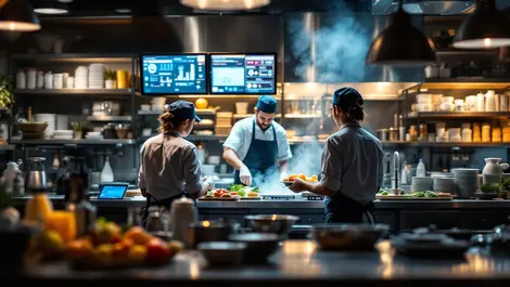 Busy modern australian restaurant kitchen chefs collaborating with digital inventory displays