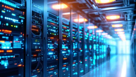 Modern server room network switches hardware racks wireless access points cables organized illuminated performance infrastructure