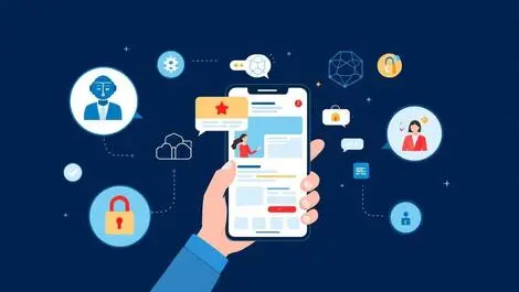 Consumer interacting with personalized digital content on smartphone with ai data privacy icons