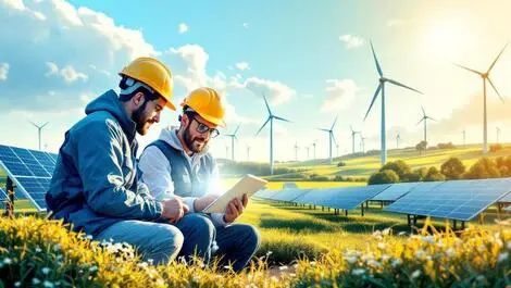 Modern uk countryside wind farm solar panels engineers collaborating digital tablet renewable energy control