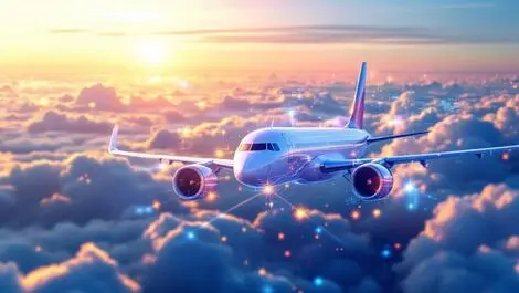 Sleek modern commercial airplane in flight clear sky with digital ai elements