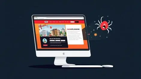 Computer screen fake hotel booking website suspicious popup malware bug