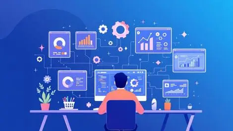 Software developer computer workstation digital screens graphs gears automation monitoring