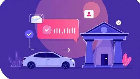 Clean modern illustration car bank building digital interface online processing