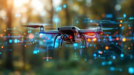 Small drone visible sensors hovering outdoors data flow connectivity visualizations