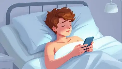 Australian person in bed using mobile device neck bent forward clinic