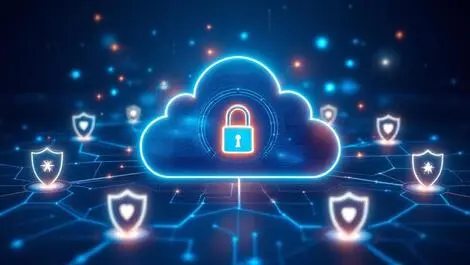 Digital cloud with central lock and glowing shields network security symbol