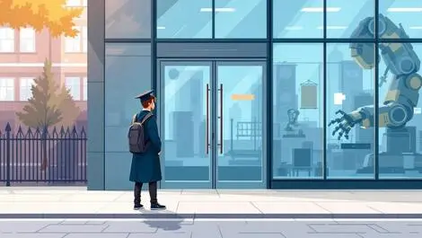 Disappointed graduate technology company closed doors robotic arms modern british cityscape