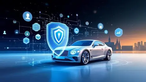 Luxury bentley car digital cybersecurity shield european cityscape