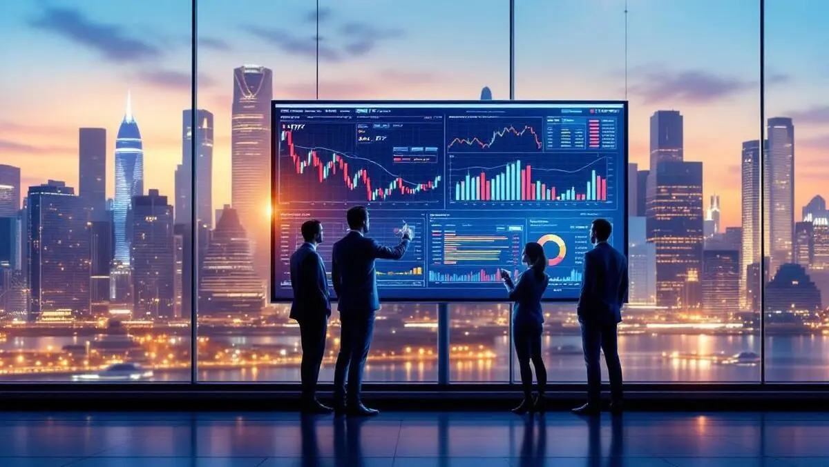 Business professionals australian city skyline analyzing digital stock