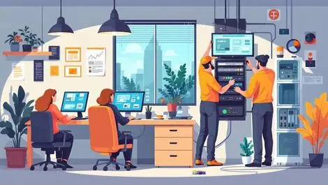 Small australian business office staff working technician installing internet