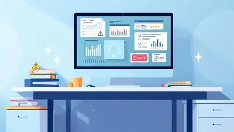 Office desk computer screen charts checklists warning icons documents folders australian compliance risk management