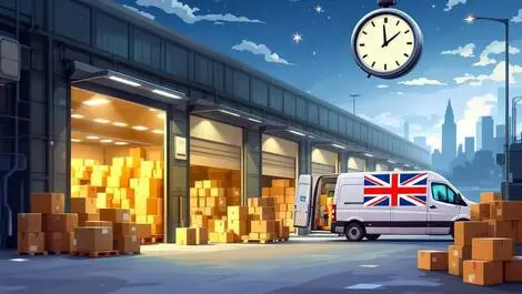 Detailed illustration warehouse delivery vans packages late night uk ecommerce logistics
