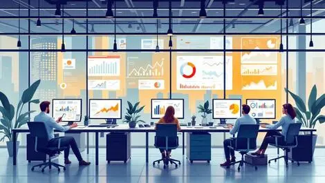 Modern office workspace computers graphs market research data professionals