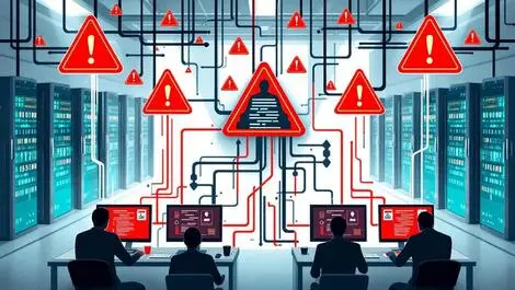 Digital illustration server room red warnings shadow figures data leak