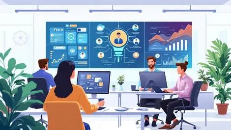 Modern office professionals collaborating digital screens ai icons