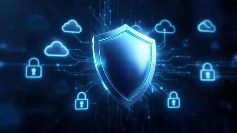 Realistic digital security shield cloud icons network connections locks