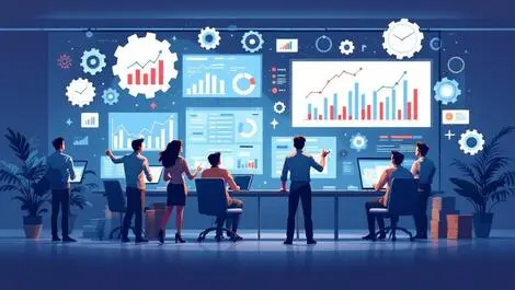 Businesspeople analyzing data digital screens gears financial charts digital transformation