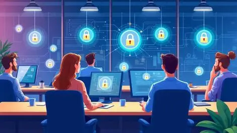 Modern office employees collaborating computer monitors secure padlock icons cybersecurity environment