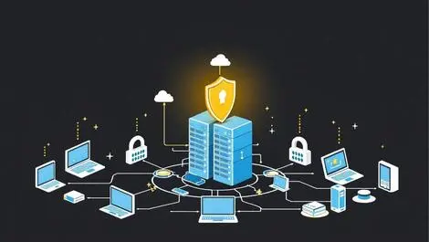 Secure network environment interconnected servers shield icons digital devices
