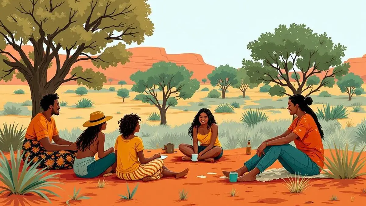 Australian indigenous community outdoor supportive group activity eucalyptus trees red earth
