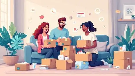 Excited australian family unpacking delivery boxes shopping icons cozy home