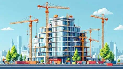 Modern london office building construction cranes workers sustainability city skyline
