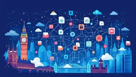 Uk network data flow servers computer files big ben london skyline