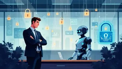Worried business leader modern british office ai robot data security concerns