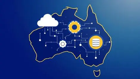 Interconnected digital platform icons cloud gear database australia tech integration