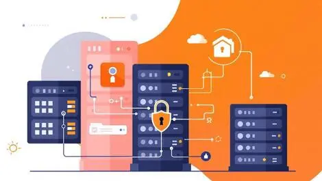 Stylized abstract computer servers digital locks shield icons secure machine credentials cybersecurity enterprise it