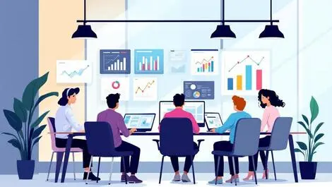 Modern office workspace people collaborating computer charts graphs data analytics new zealand