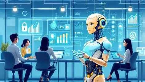 Ai assistant digital humanoid business professionals data charts secure locks modern asian office