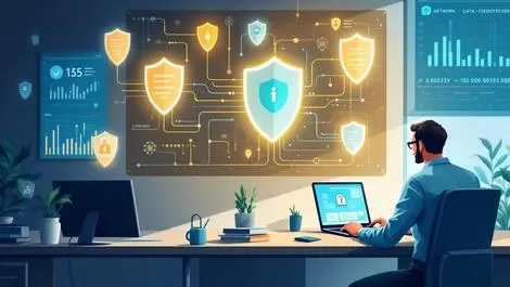 Small business office network computers shields data security cyber defense technician laptop monitoring