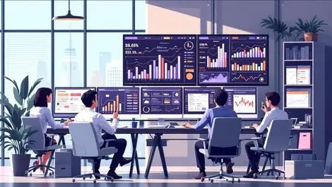 Modern office professionals collaborating data charts fintech automation