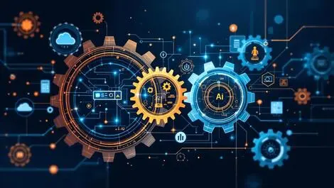 Interconnected gears circuit patterns servers digital data flows ai integration