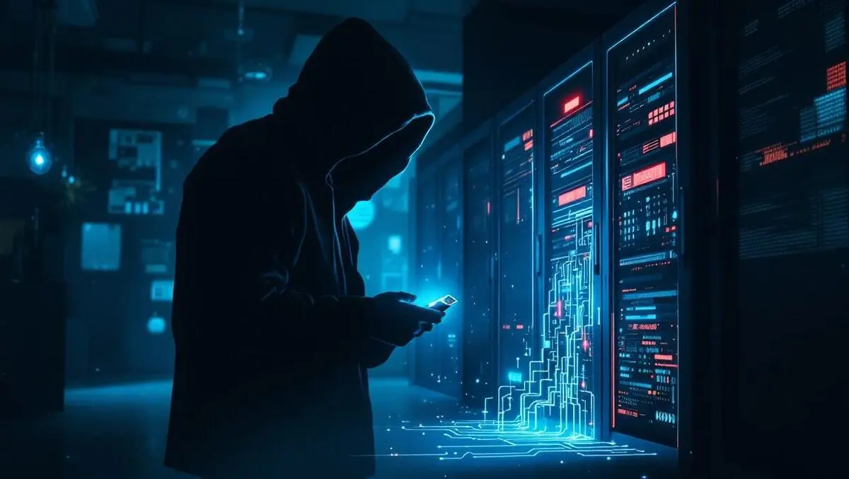 Realistic shadowy figure dimly lit office holding usb data theft