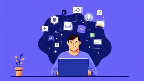 Business person using laptop with digital app icons floating above device