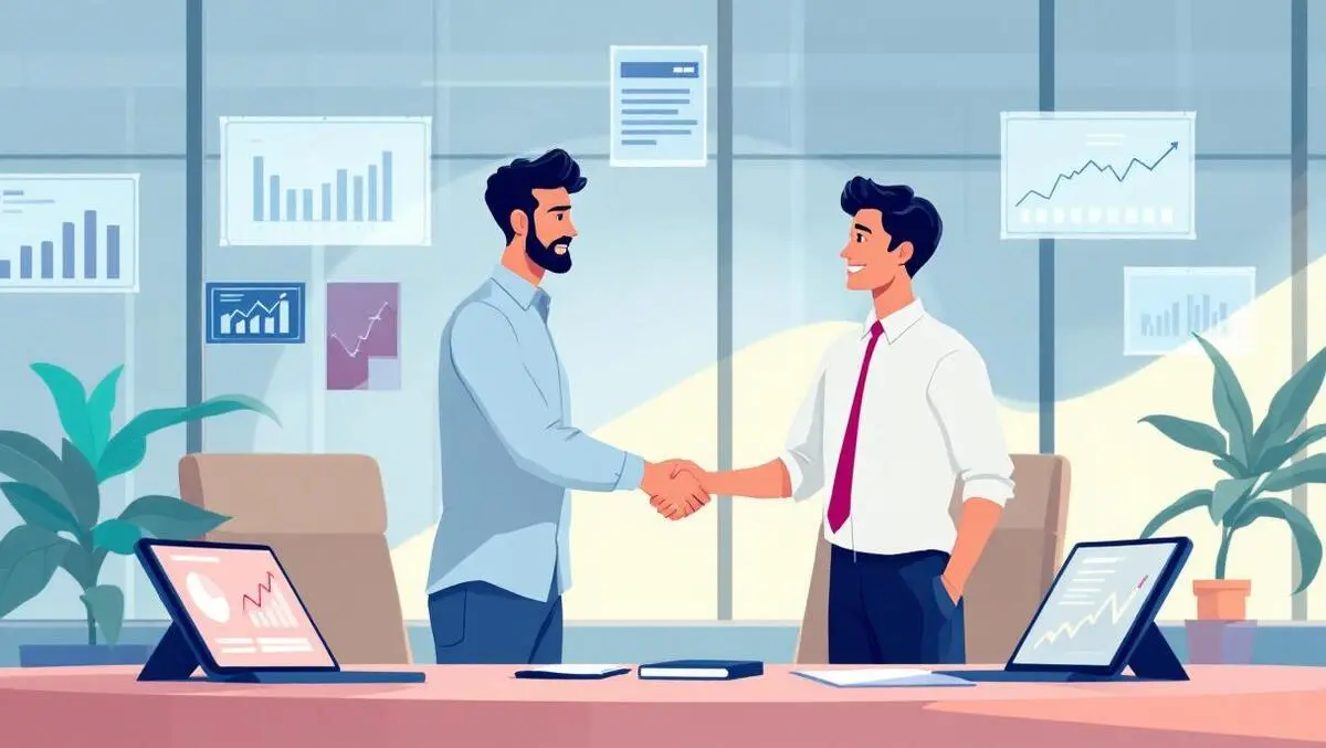 Two professionals shaking hands modern office digital financial charts ai collaboration australia