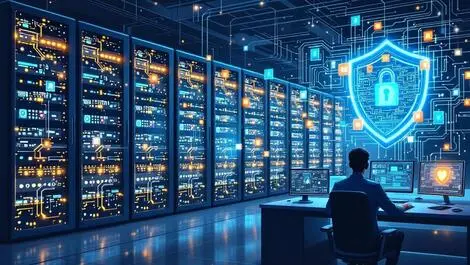 Modern data center servers digital shields circuit patterns ai cybersecurity