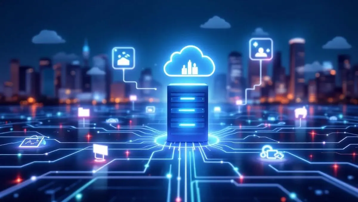 Interconnected computer servers cloud icons australian cityscape modernisation