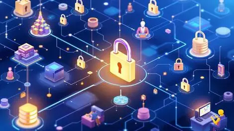 Interconnected digital nodes data flow secure locks human figures ai automation security