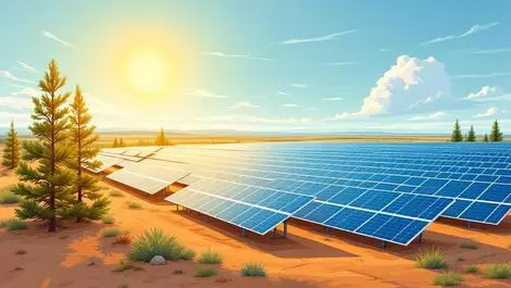 Solar panels large rows open land bright sun pine trees prairie saskatchewan