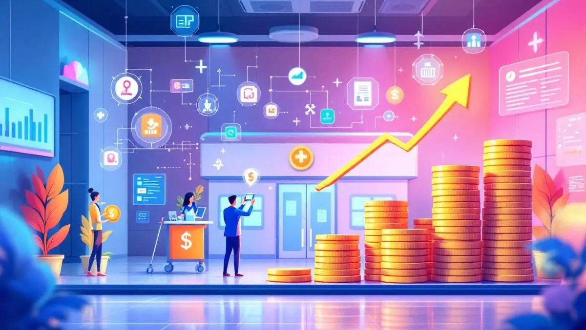 Digital hospital icons data assets managed by professionals with coins symbolizing revenue