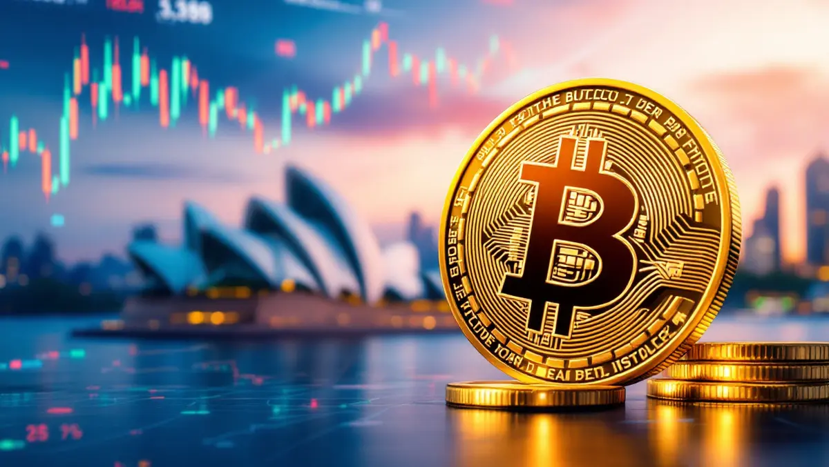 Digital illustration gold bitcoin coin upward arrow sydney opera house stock market