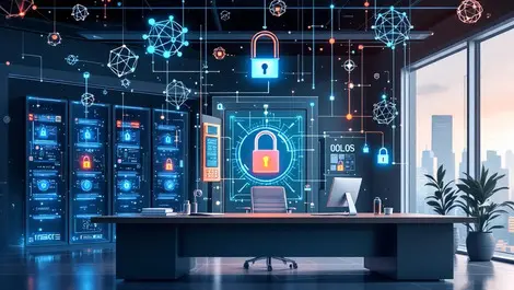 Business office locked digital vaults complex padlocks quantum particles data security